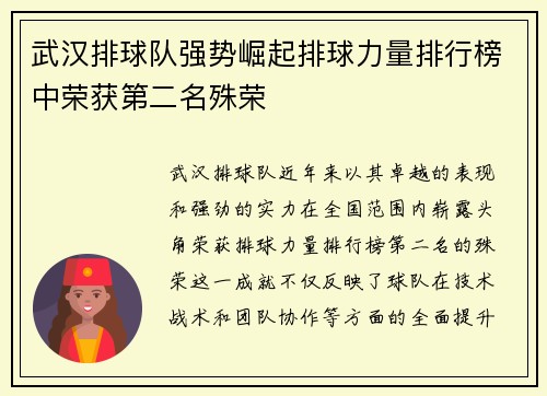 武汉排球队强势崛起排球力量排行榜中荣获第二名殊荣